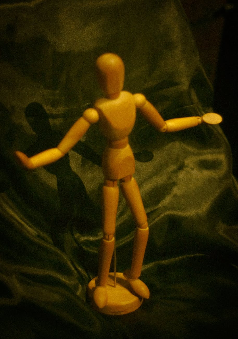 wooden mannequin on green fabric